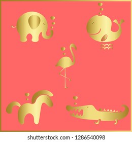 Valentines Day collection of gold animals icons. Animals with hearts vector set. Pony, whale, heart, flamingo, elephant, crocodile.