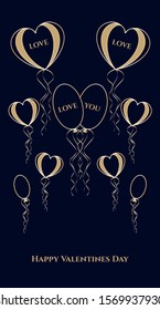 Valentine's Day. Collection of golden hearts and balloons. Holiday Valentine day background. Greeting card, banner, poster. Vector illustration.