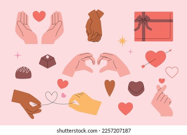 Valentines day. A collection of hand gestures expressing love and couples, chocolates, hearts, and gifts.