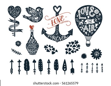 Valentines day collection with handdrawn letters, romantic stamps, arrows and feathers. Love potion, cute bird, aerostat and anchor. Vector elements for design typography poster, tattoo and prints