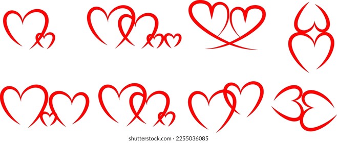 Valentine's Day. Collection of heart logos. red outline of different thickness. Scheme, symbols.