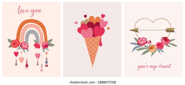 Valentine's day collection of illustrations. Set of modern flat love icons and symbols, hearts, rainbows, decorations 