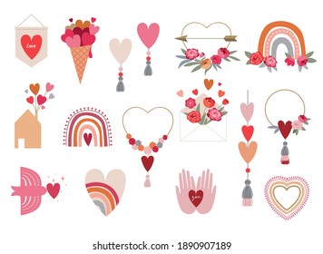 Valentine's day collection of illustrations. Set of modern flat love icons and symbols, hearts, rainbows, decorations 