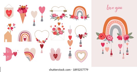 Valentine's day collection of illustrations. Set of modern flat love icons and symbols, hearts, rainbows, decorations 