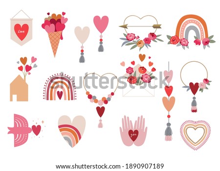 Valentine's day collection of illustrations. Set of modern flat love icons and symbols, hearts, rainbows, decorations 