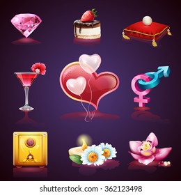 Valentines Day. Collection of romantic images on a violet background - vector illustration, editable for your graphic design.