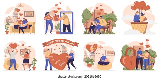 Valentines day collection of scenes isolated. People go on romantic dates, love and relationships, set in flat design. Vector illustration for blogging, website, mobile app, promotional materials.