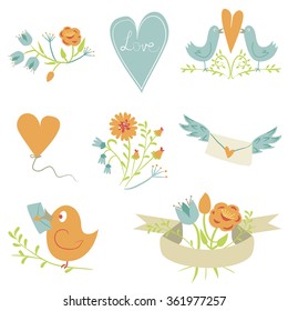 Valentine`s Day collection. Vector birds, hearts,flowers and other elements. Hand drawn. Simple and cute