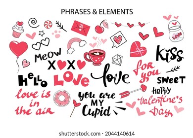 Valentine's day collection. Vector illustration of a cup, cupcake, candy, lettering isolated