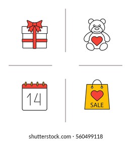Valentine's Day color icons set. Teddy bear, February 14, gift box, Valentines Day sale. Isolated vector illustrations