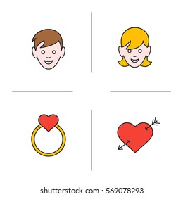 Valentine's Day color icons set. Boy and girl, arrow piercing heart, gold wedding ring with heart. Isolated vector illustrations