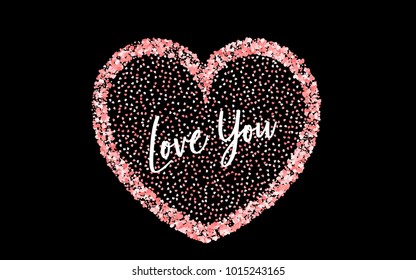 Valentines Day colored confetti paper heart background. Random falling origami. Greeting invitation frame. Vector lettering design illustration. Festive love party element. Carnival decor template.