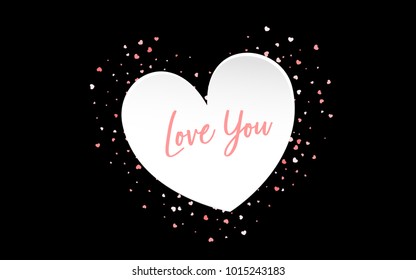 Valentines Day colored confetti paper heart background. Random falling origami. Greeting invitation frame. Vector Valentine design illustration. Festive love party element. Carnival decor template.