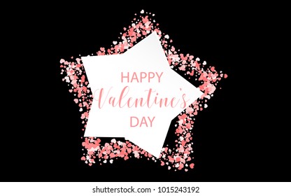 Valentines Day colored confetti paper star background. Random falling origami. Greeting invitation frame. Vector Valentine design illustration. Festive heart party element. Carnival decor template.