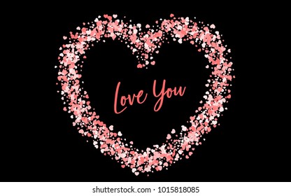 Valentines Day colored confetti paper heart background. Random falling origami. Greeting invitation frame. Vector lettering design illustration. Festive love party element. Carnival decor template.