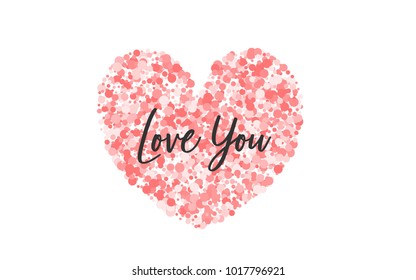 Valentines Day colored confetti paper heart background. Random falling origami. Greeting invitation frame. Vector lettering design illustration. Festive love party element. Carnival decor template.