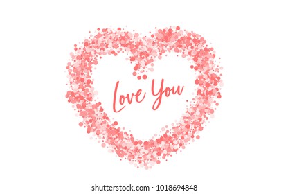 Valentines Day colored confetti paper heart background. Random falling origami. Greeting invitation frame. Vector lettering design illustration. Festive love party element. Carnival decor template.