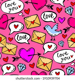 Valentines day colored icons. Love theme simple cartoon illustration. Wedding elements, hearts, romantic icons. Bright pink seamless pattern for design, wrapping paper, textile, print.