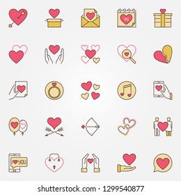 Valentine's Day colored vector icons set. Love modern cute symbols or logo elements