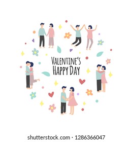 Valentine's day colorful background with couple, hearts and flowers. Men and women in different poses. Vector illustration for web design and print