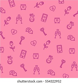 Valentine's day colorful beautiful background, pattern. Set of line icons for Valentines day on the pink background