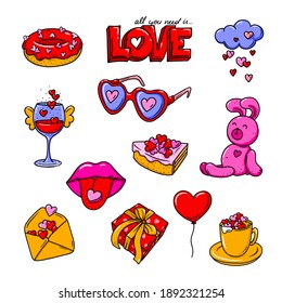 Valentine's day colorful doodles   collection. Romantic, love design elements for apps, cards, stickers. 