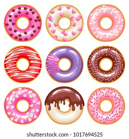 Valentine's day colorful glazed donuts with sprinkles icons set. Sweet bakery vector.