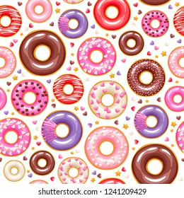 Valentine's day colorful glazed donuts with sprinkles seamless pattern. Sweet bakery vector background.