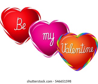 Valentines day colorful heart shaped sweet candy lollipops isolated on white background. Vector illustration.be my Valentine handwritten text. Valentine's day card, background, icon

