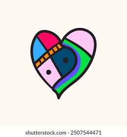 Valentine's day colorful hearts cubism geometric doodle, black background. Vector illustration.