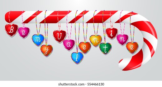 Valentines day colorful hearts shaped sweet candy lollipops with handwritten text on candy cane isolated on white background. Vector illustration.Valentines day card,banner,background,invitation.