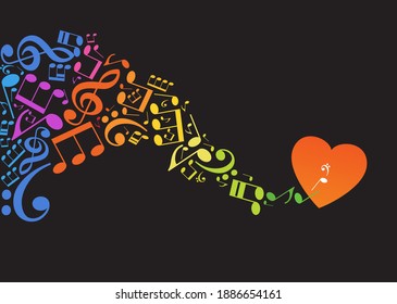 Valentine's day. Colorful musical notes in the form of a graceful wave on a black background