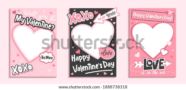 Valentine\'s Day colorful photo frame and\
backgrounds with pink hearts and love quotes. Will you be my\
Valentine printable photo template. Happy Valentine\'s day photo\
booth props set. Vector\
illustration