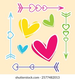 Valentine's Day colorful pop sticker Arrows and Hearts - Romantic Design Elements for Cards, Scrapbooking, and Social Media Graphic