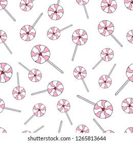 Valentine's Day colorful seamless pattern with lollipops, sweets and hearts. Romantic background. It can be used for packaging, wrapping paper, textile and etc.