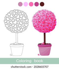 Valentines day coloring book page. Love tree Isolated contour. Pink topiary, bonsai in the pot. Sakura trees valetine's day coloring book page. Worksheet. Coloiring book for children.  Activity game.