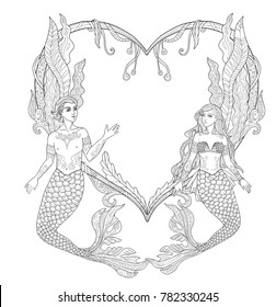 Valentine's day coloring book page. Love mermaid girl and young man