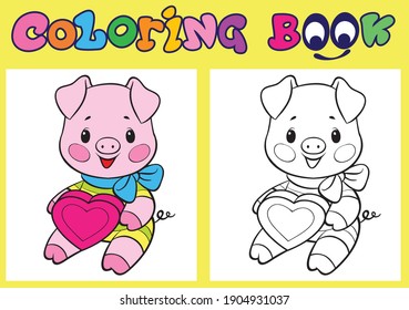 Valentine's Day coloring book. 
Pig with a bow