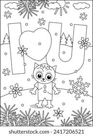 Valentine's Day coloring page for children or adults with I Love You message and cute little baby kitten
