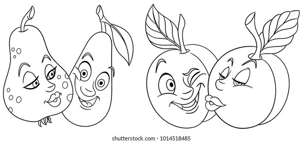 Valentines Day Coloring Page greeting card. Cartoon Fruits in Love. Lovely kiss. Emoticons. Smiley. Emoji. Design element for kids colouring book, t-shirt print, icon, logo, label, patch, sticker.