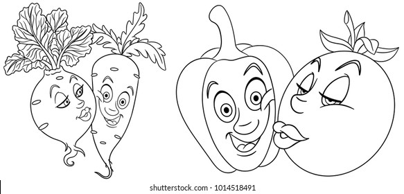 Valentines Day Coloring Page greeting card. Cartoon Vegetables in Love. Lovely kiss. Emoticons. Smiley. Emoji. Design element for kids colouring book, t-shirt print, icon, logo, label, patch, sticker.