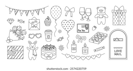 Valentines day coloring page. Outline elements set with cake, balloons, flower bouquet, envelope, gifts, hearts, candies and other. Contour romantic collection for holiday. Coloring book for print