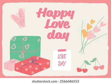 Valentine's Day commemorative illustration.
These are illustrations of gift boxes, bouquets, and hearts suitable for Valentine's Day.