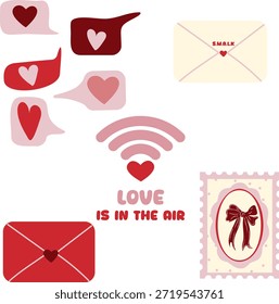 Conjunto de Vector de comunicación del Día de San Valentín. "El amor está en el aire" símbolo de Wi-Fi, sobres de corazón, sellos y burbujas de discurso. Iconos románticos lindos para la mensajería digital y la papelería de vacaciones