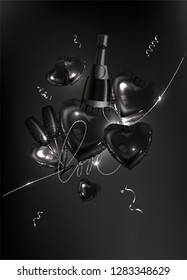 Valentine's Day composition with heart shaped air balloons and glasses and bottles of champagne. Vector illustration