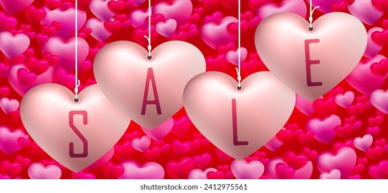 Valentine's Day. Composition with a large set of hearts with the text sale on pendants.