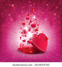 Día de San Valentín, La composición del rosa con una caja, muchos corazones y rayos de luz, postal.