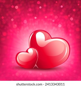 Valentine's Day, Composition of pink color with two elegant hearts and a multitude of glitter, postcard.