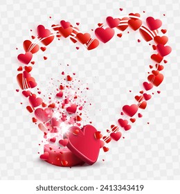 Día de San Valentín, Composición con un ataúd rojo y corona con muchos corazones, elemento de diseño.