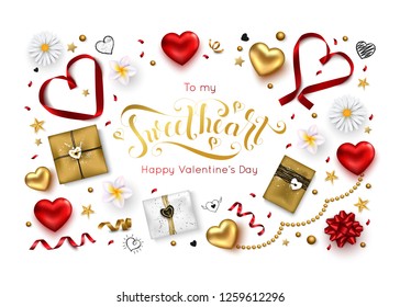 Valentines Day Composition with romantic calligraphic Inscription red hearts  silk ribbons gift boxes and spring flowers for greeting card banner or poster